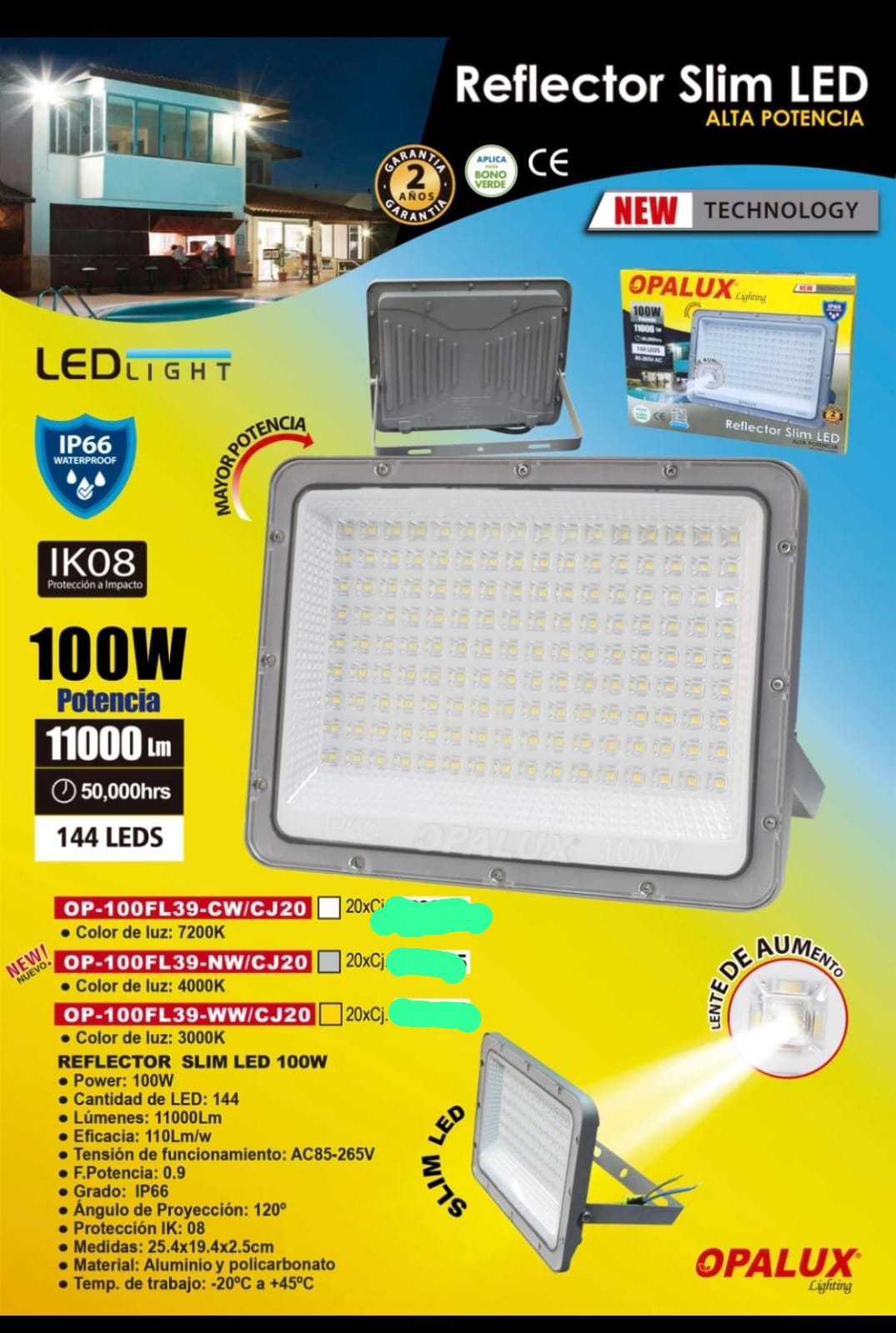 Reflector de 100w opalux slim